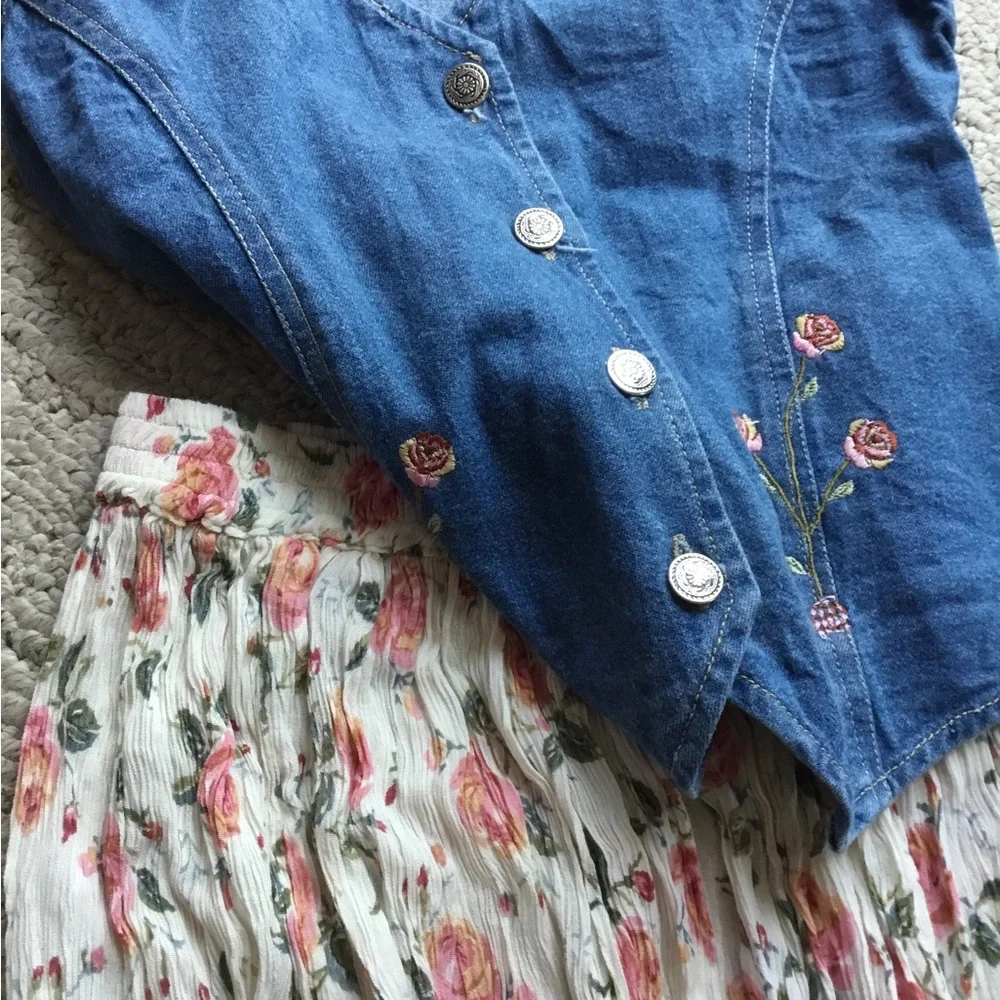 Girls Blue Denim Vest with Floral Pleated Skirt